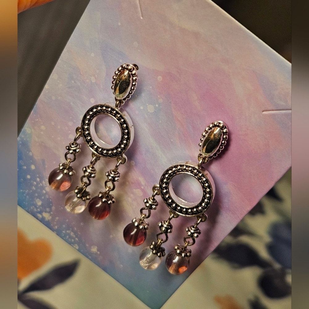 dangle earrings silver with purple, pink, and clear beads